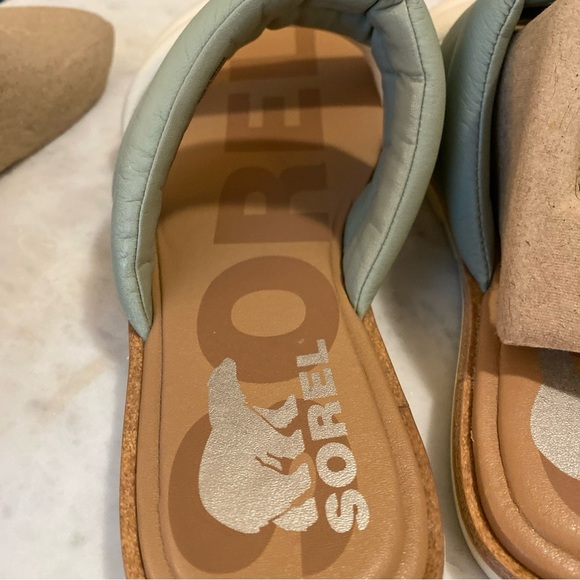 Sorel Ella II Puffer Slide Sandals Black Flat Sole Leather Cream & Green Size 6 - Picture 11 of 11